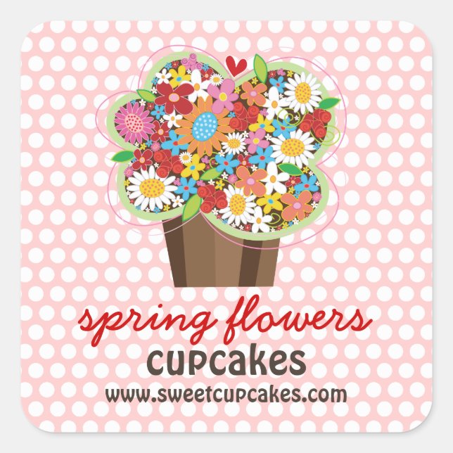 Whimsical Sweet Cupcake Spring Flowers Floral Chic Square Sticker (Front)