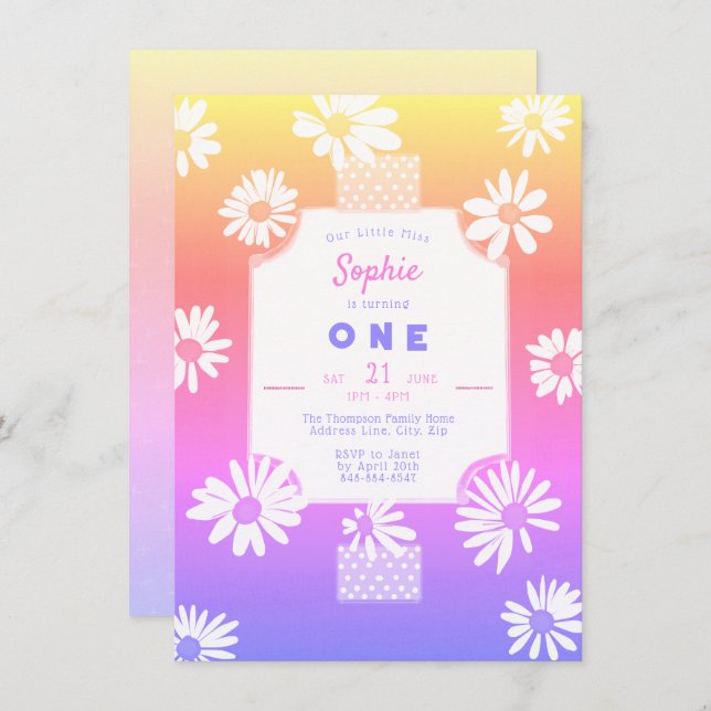 Whimsical Sweet Daisies Rainbow Little Miss One Invitation (Front/Back)