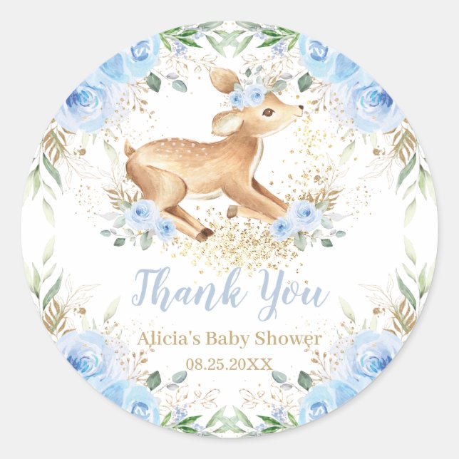 Whimsical Sweet Deer Blue Floral Baby Shower  Classic Round Sticker (Front)