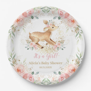 Whimsical Sweet Deer Blush Floral Baby Shower  Paper Plate