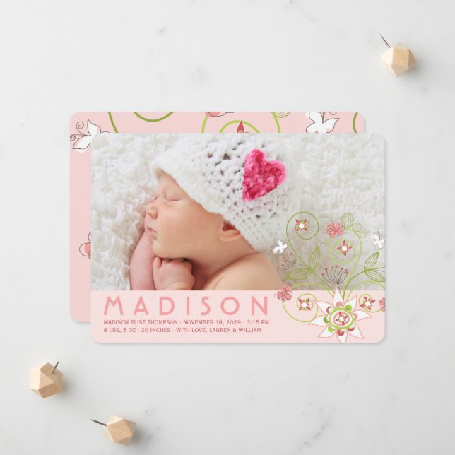 Whimsical Sweet Pink Blooms Baby Girl Photo Birth Announcement (Front/Back In Situ)