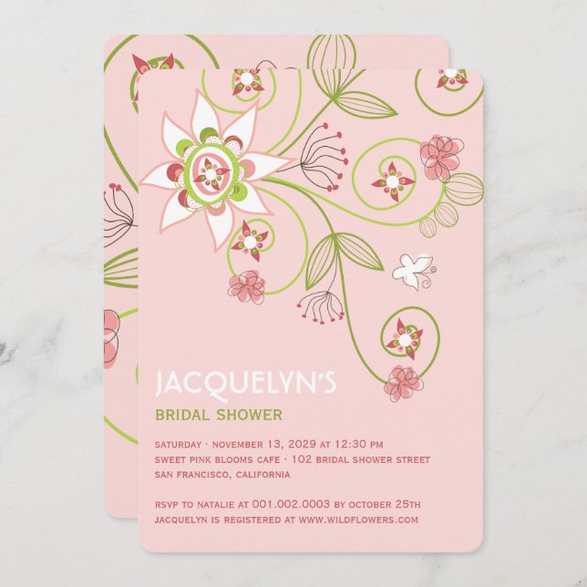 Whimsical Sweet Pink Blooms Bridal Shower Invite (Front/Back)