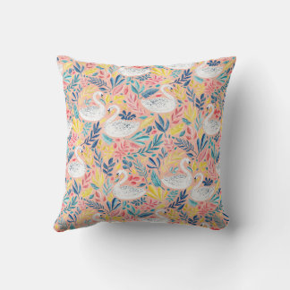 Whimsical Sweet Swans on Pale Pink Cushion