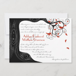 Whimsical Swirl Black & Red Birds in a Tree Invitation
