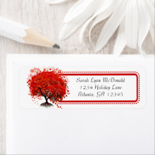 Whimsical Swirl Heart Red Tree Pink Trim on White Return Address Label