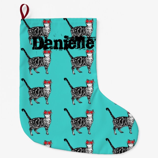 Whimsical Tabby Cat Sunglasses Christmas Stocking (Front)