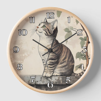 Whimsical Tabby Cat Vintage Botanical Illustration Clock