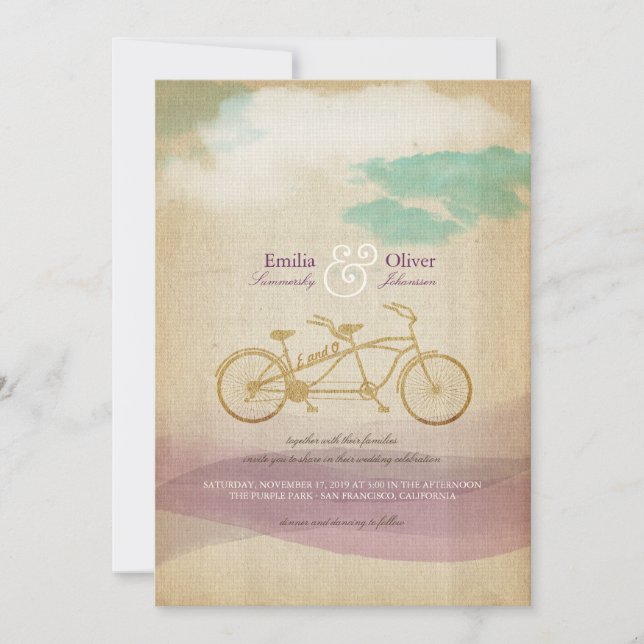 Whimsical Tandem Bicycle Watercolor Wedding Invite (Front)