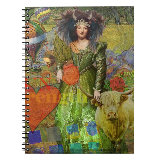 Whimsical Taurus Woman Celestial Collage Fantasy Notebook (Front)