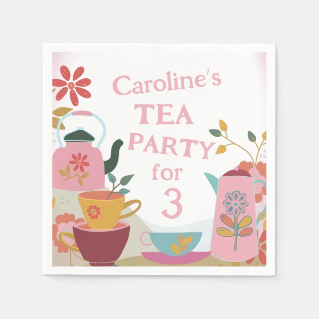 Whimsical Tea For Three Girls Birthday Napkin (Front)
