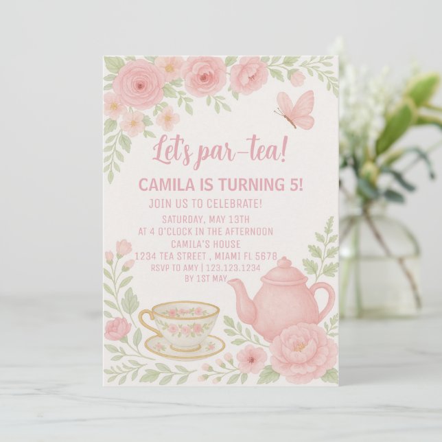 Whimsical Tea Party Birthday Invitation for Kids (Standing Front)
