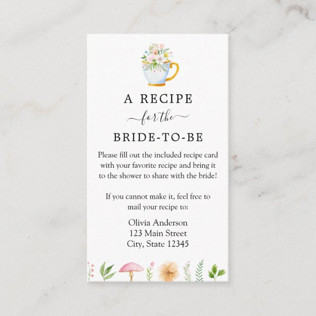 Whimsical Tea Party Bridal Recipe Request Enclosure Card (Front)