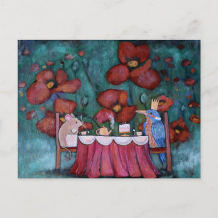 Whimsical Tea Party Mouse and Bird Postcard