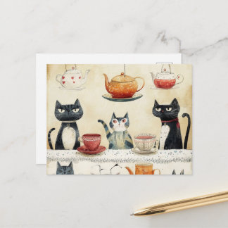 Whimsical Tea Pot Cats Postcard