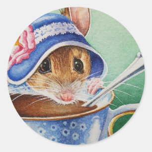Whimsical Tea Time Mouse Blue Bonnet Watercolor Classic Round Sticker