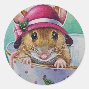 Whimsical Tea Time Mouse Pink Bonnet Watercolor Classic Round Sticker