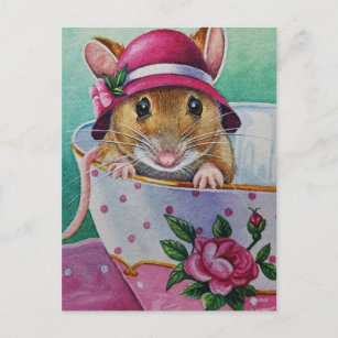 Whimsical Tea Time Mouse Pink Bonnet Watercolor Postcard