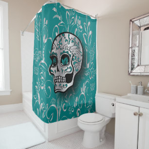 Whimsical Teal and Printed Silver Sugar Skull Shower Curtain