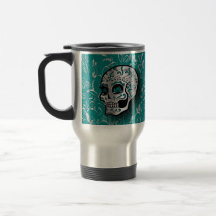 Whimsical Teal and Silver Sugar Skull Travel Mug