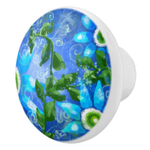 Whimsical Teal Blue Green Floral Flower Flowers Ceramic Knob