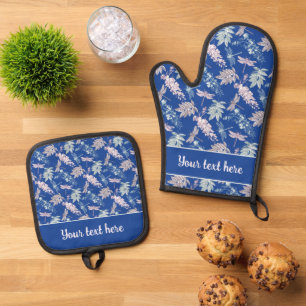 Whimsical Teal Blue Pink Gray Dragonfly Print Oven Mitt & Pot Holder Set