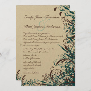 Whimsical Teal & Brown Swirls Wedding Invitation