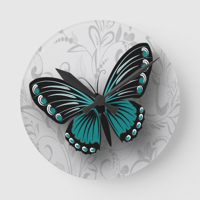 Whimsical Teal Butterfly on Gray Floral Round Clock (Front)