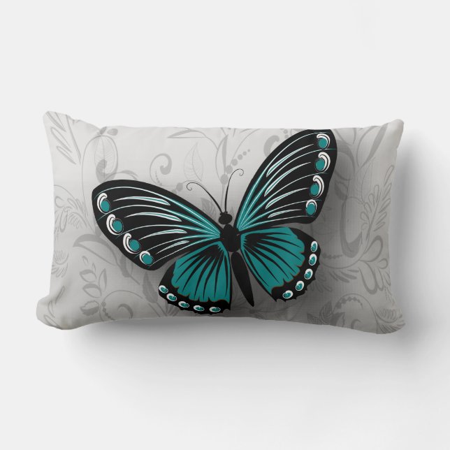 Whimsical Teal Butterfly on Grey Floral Lumbar Cushion (Front)