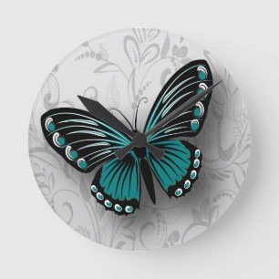 Whimsical Teal Butterfly on Grey Floral Round Clock