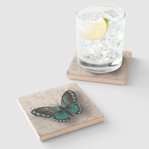 Whimsical Teal Butterfly on Grey Floral Stone Coaster