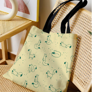 Whimsical Teal Doodle Foxes on Butter Yellow  Tote Bag