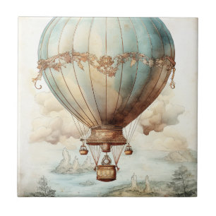 Whimsical Teal Hot Air Balloon Antique Ceramic Tile