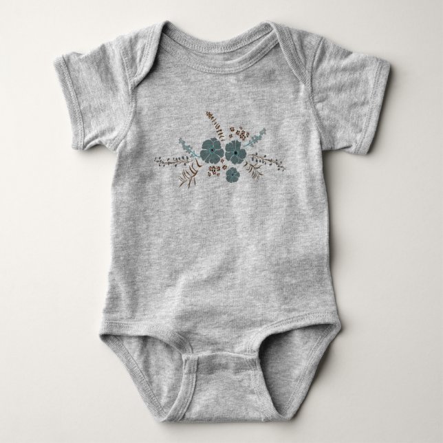Whimsical Teal Pink Grey Flowers Baby Bodysuit (Front)