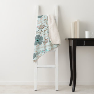 Whimsical Teal Pink Grey Flowing Flowers Print Sherpa Blanket