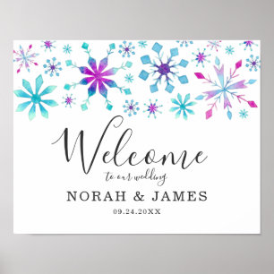 Whimsical Teal Purple Winter Wedding Welcome Poster