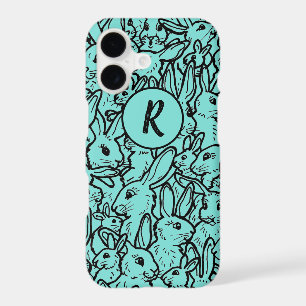 Whimsical Teal Rabbit Bunny Drawing Monogram