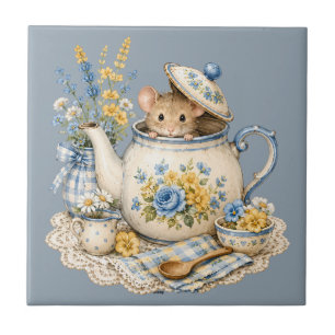 Whimsical Teapot Mouse Cottagecore Blooms Ceramic Tile