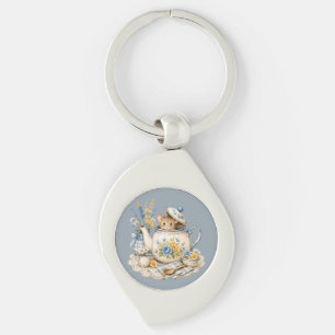 Whimsical Teapot Mouse Cottagecore Blooms Key Ring
