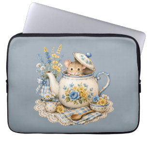 Whimsical Teapot Mouse Cottagecore Blooms Laptop Sleeve