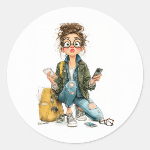 Whimsical Tech-Overload Girl Chaos Classic Round Sticker