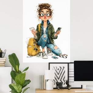 Whimsical Tech-Overload Girl Chaos Poster