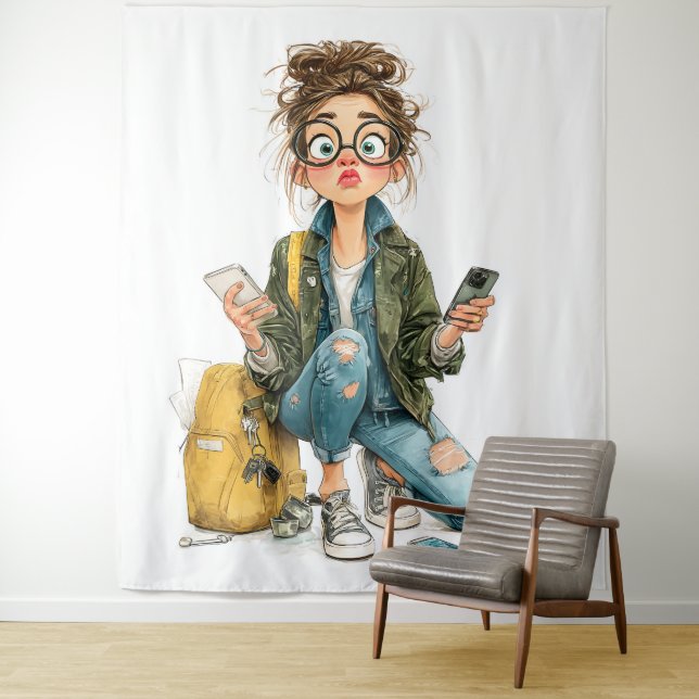 Whimsical Tech-Overload Girl Chaos Tapestry (In Situ)