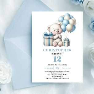 Whimsical teddy bear balloons blue boy birthday invitation