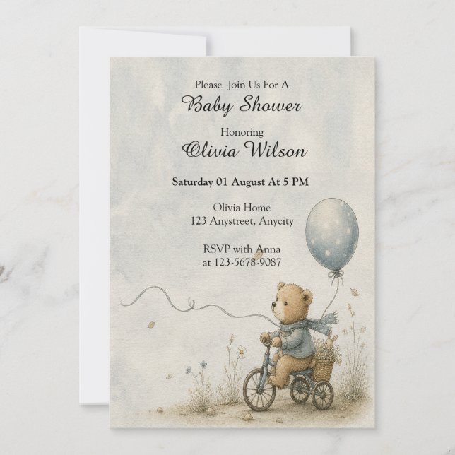 Whimsical Teddy Bear Bicycle Ride Invitation (Front)