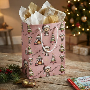 Whimsical Teddy Bear Christmas Pink Background Medium Gift Bag