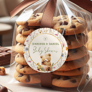 Whimsical Teddy Bear Floral Baby Shower Favour Classic Round Sticker