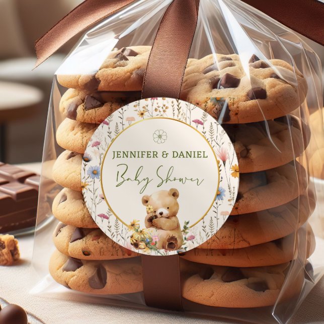 Whimsical Teddy Bear Floral Baby Shower Favour Classic Round Sticker (Creator Uploaded)