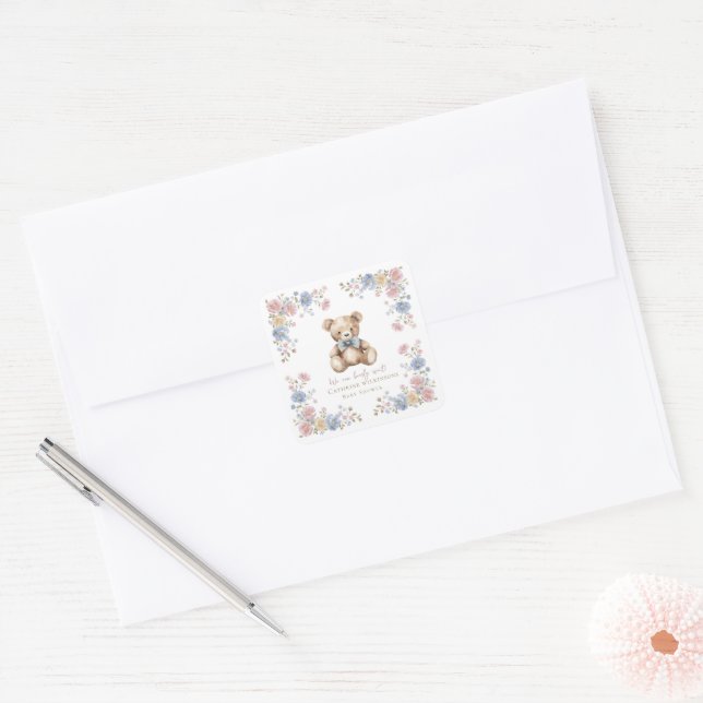 Whimsical Teddy Bear Floral Baby Shower Sticker (Envelope)