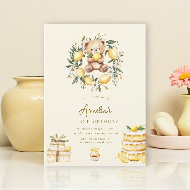 Whimsical Teddy Bear Lemon first birthday Invitation (Creator Uploaded)