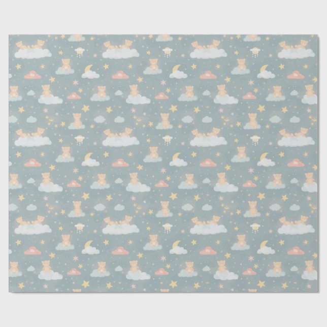 Whimsical Teddy Bear on Clouds Night Wrapping Paper (Flat)